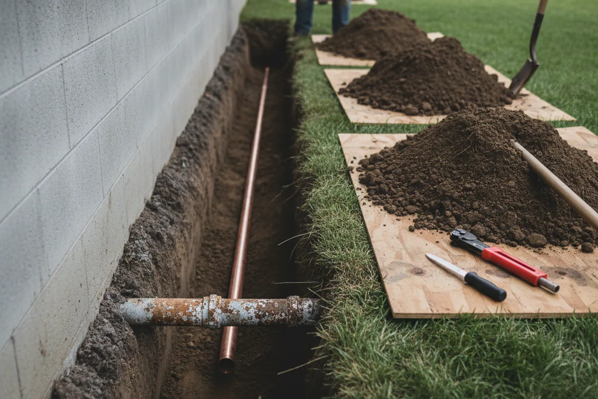Excavated water line trench during Water Softener Installation in Bernalillo